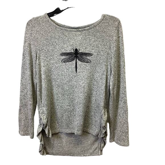 Hand Printed Upcycled Girls Medium Dragonfly Ruffled Long Sleeve Hi Low Sweater - Picture 1 of 6
